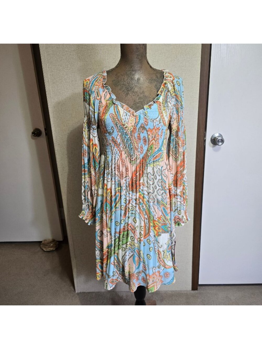 NEW Sunny Leigh Small Paisley Boho Long Sleeve Blue Ruffle Collar Swing Dress